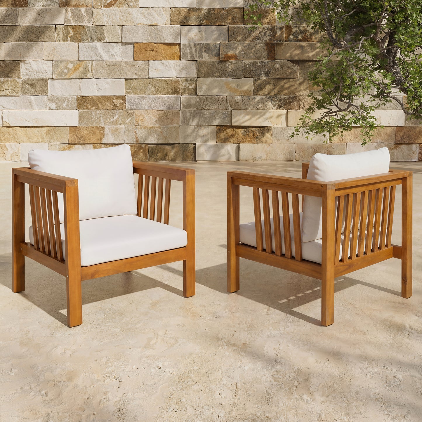 Set of 2 Outdoor Acacia Wood Club Chairs with Modern Square Arms, 2-Piece Patio Conversation Set with Thick Cushions, Adjustable Leveling Feet for Poolside, Backyard & Deck, Beige Cushions image 3