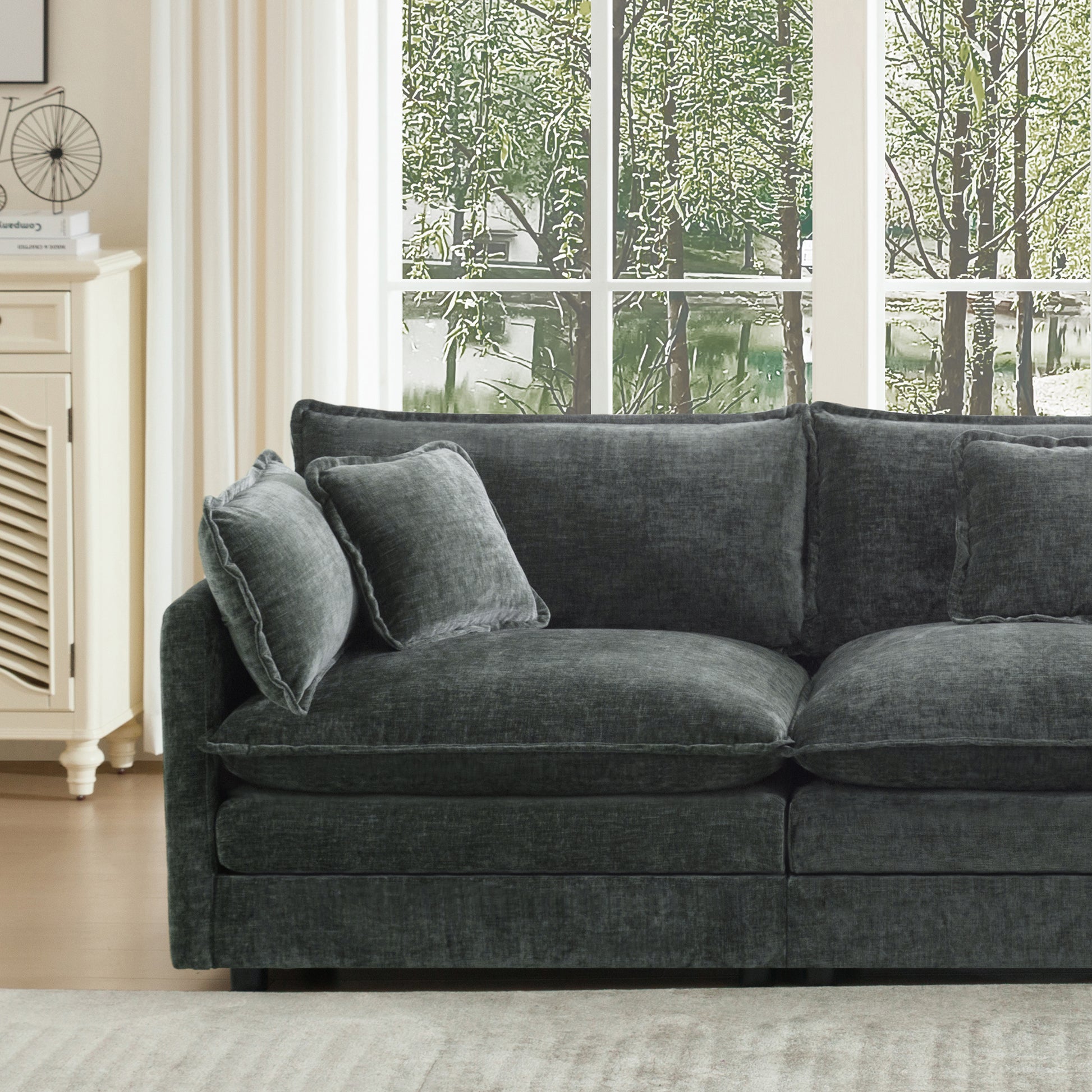 Mid-Century Modern Couch 3-Seater Sofa with 2 Armrest Pillows and 3 Toss Pillows, Couch for Living Room Gray Chenille image 10