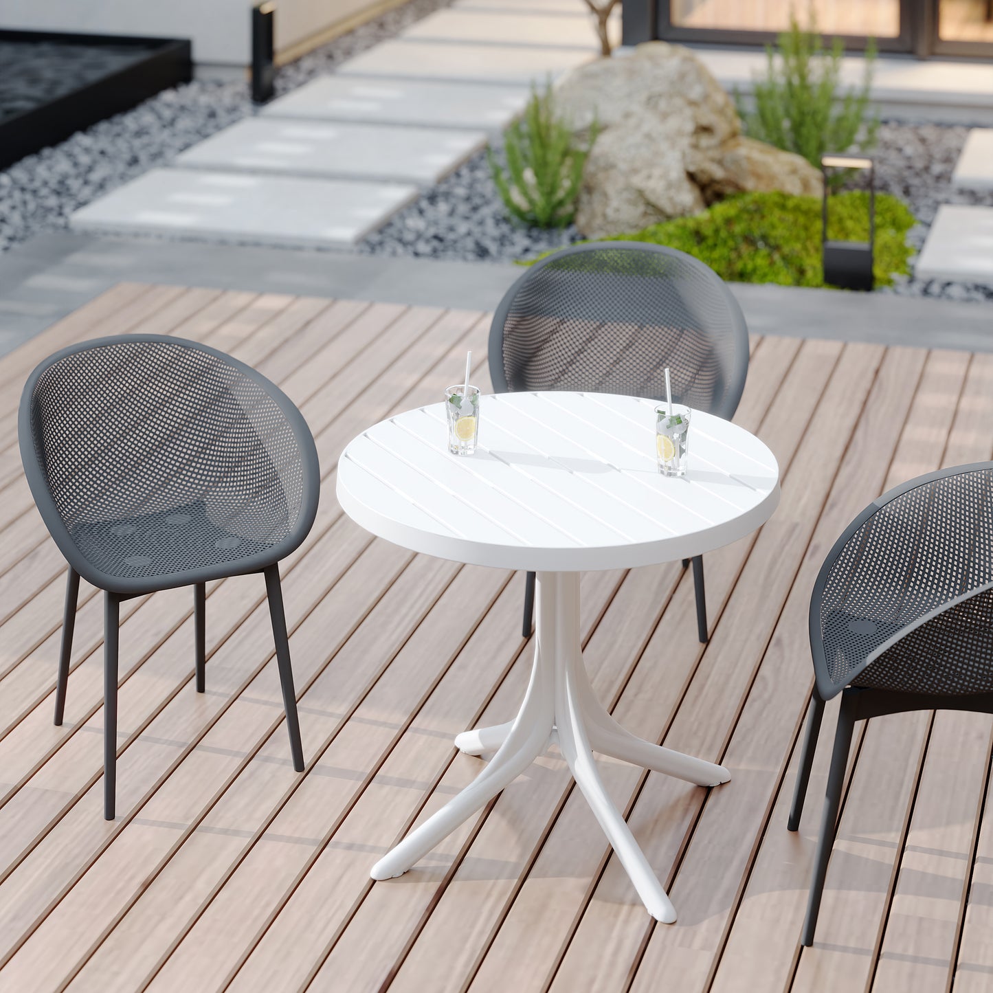 Summer - 2-Pack Warm Grey Modern Lounge Chairs – Indoor/Outdoor All-Weather PP Plastic with 36 Inch Indoor/Outdoor Modern White Round PP Table image 4