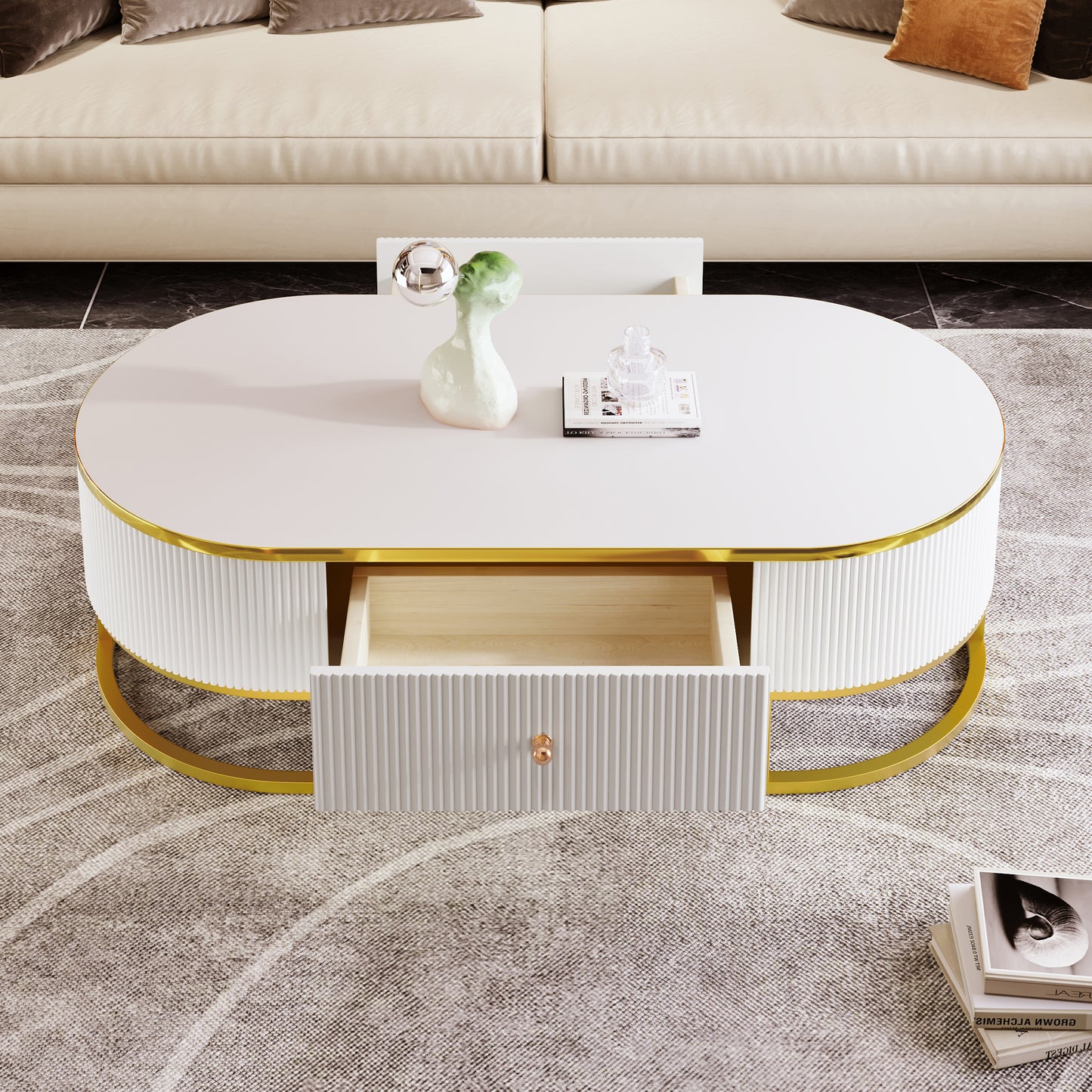 Modern Oval Coffee Table with Drawers,Curved Profile Design, Gold Metal Decor, Center Table for Living Room in 47.2" image 2