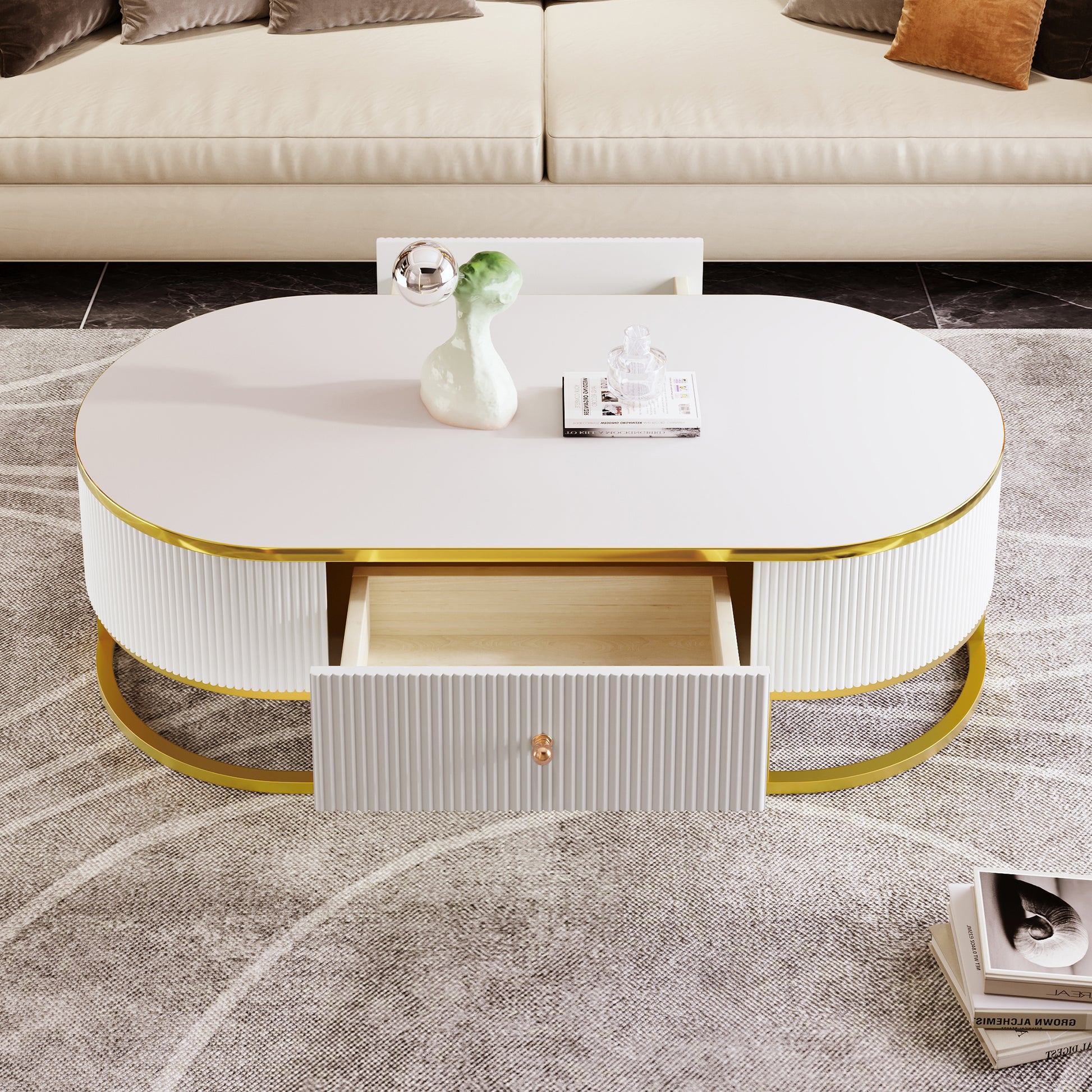 Modern Oval Coffee Table with Drawers,Curved Profile Design, Gold Metal Decor, Center Table for Living Room in 47.2" image 2