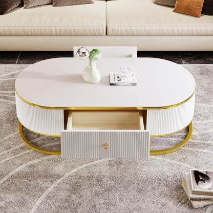 Modern Oval Coffee Table with Drawers,Curved Profile Design, Gold Metal Decor, Center Table for Living Room in 47.2" image 2