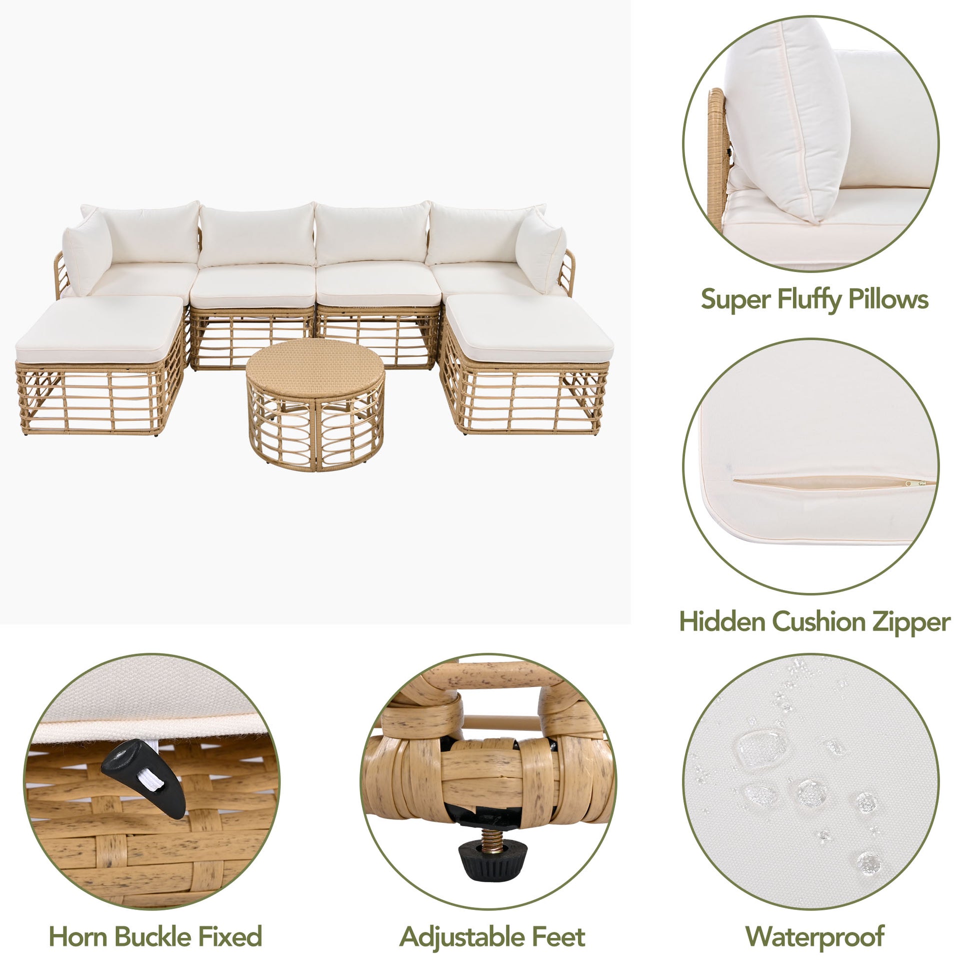 GO 7 Pieces Outdoor Patio Furniture, All-Weather Rattan Sectional Sofa Set with Thick Cushions and Pillows, Freely Combined Conversation Sets for Garden, Backyard, Balcony, Beige image 4