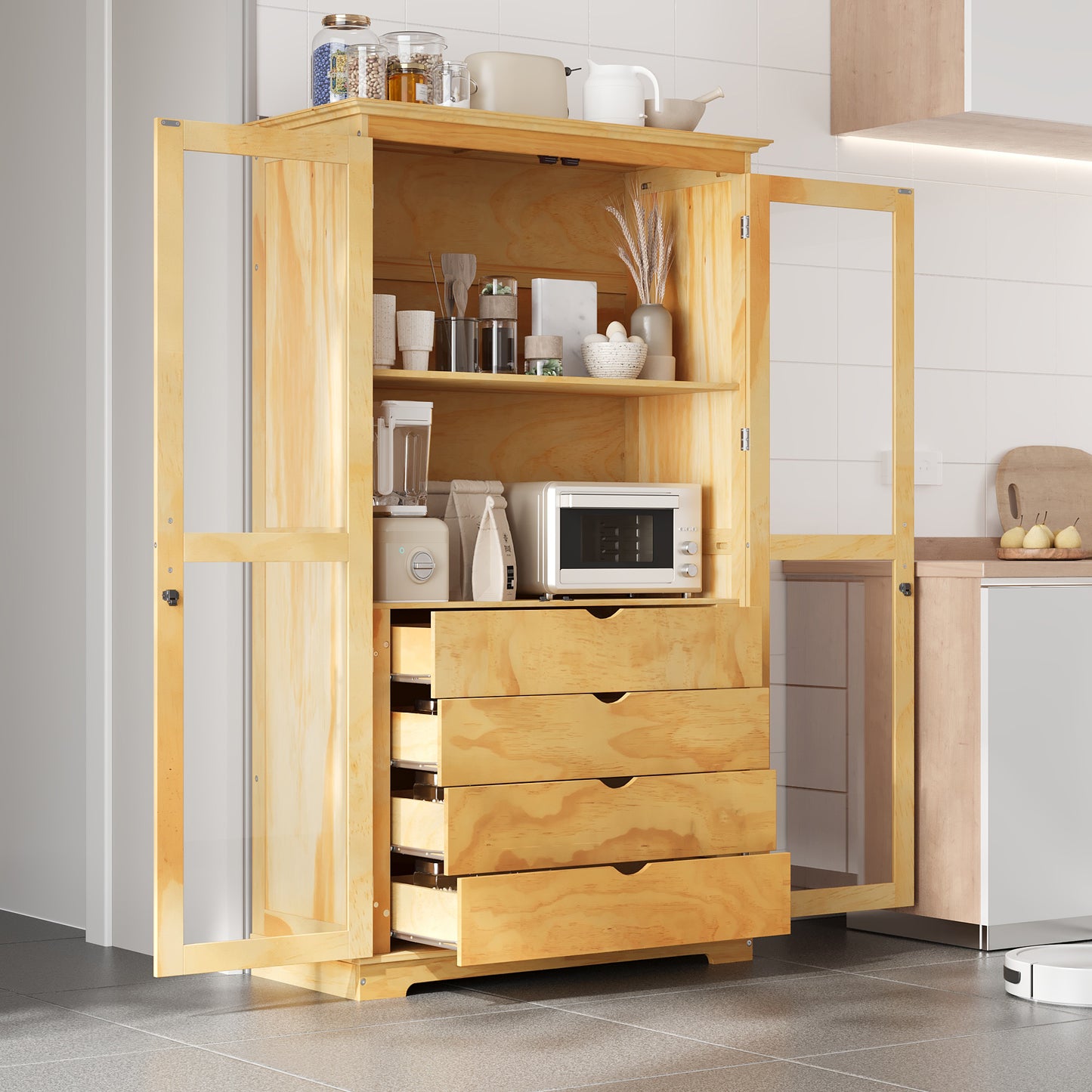 TOPMAX 44.7x20x75inch Kitchen Pantry, Freestanding Kitchen Storage Cabinet Display Cabinet with Glass Doors and 4 Built-in Drawers for Living Room, Home Office, Natural image 1