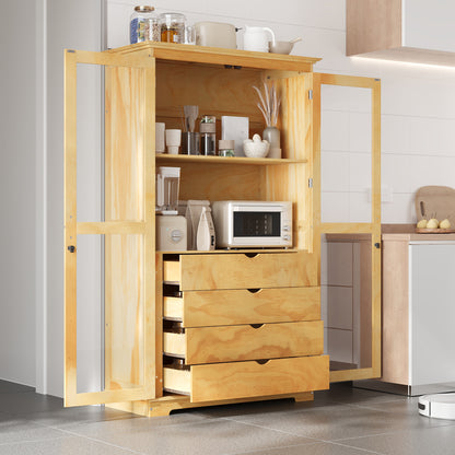 TOPMAX 44.7x20x75inch Kitchen Pantry, Freestanding Kitchen Storage Cabinet Display Cabinet with Glass Doors and 4 Built-in Drawers for Living Room, Home Office, Natural image 1