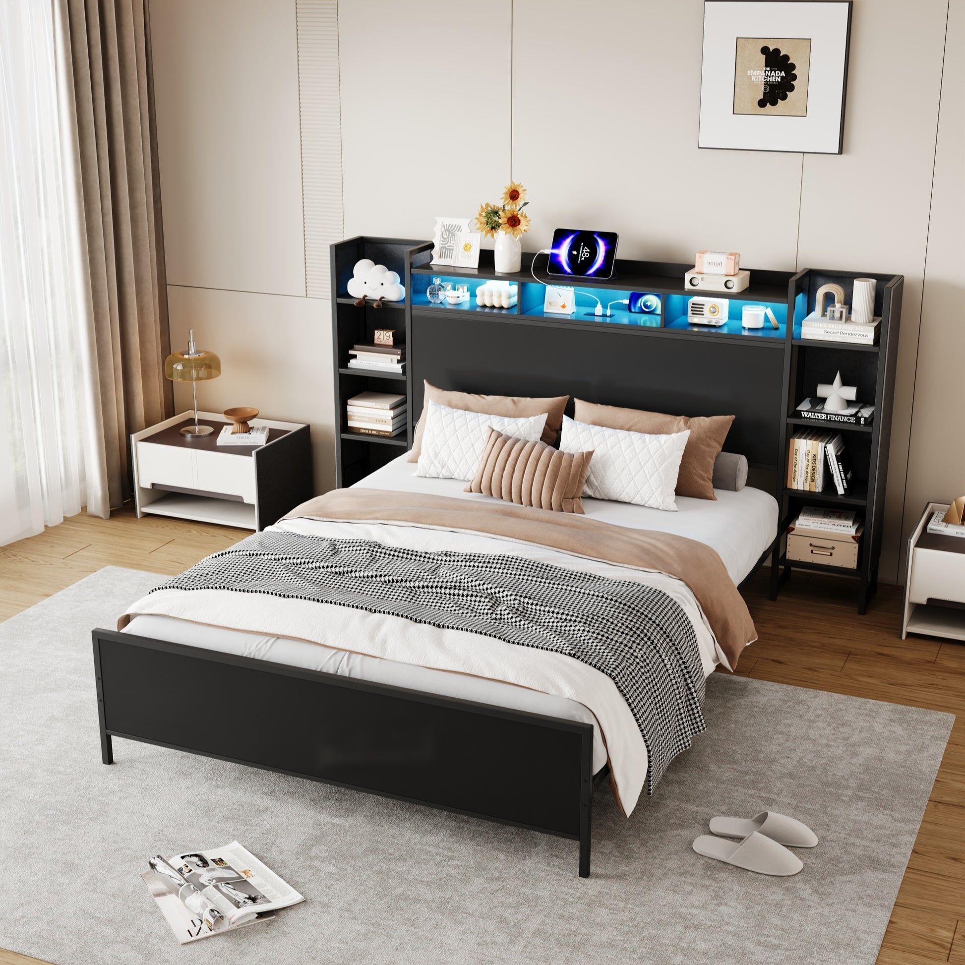Queen Size Bed Frame with USB Charging Station, Storage Headboard and with Led Light, Heavy Duty Metal Platform Bed Frame, No Box Spring Needed, Black image 3