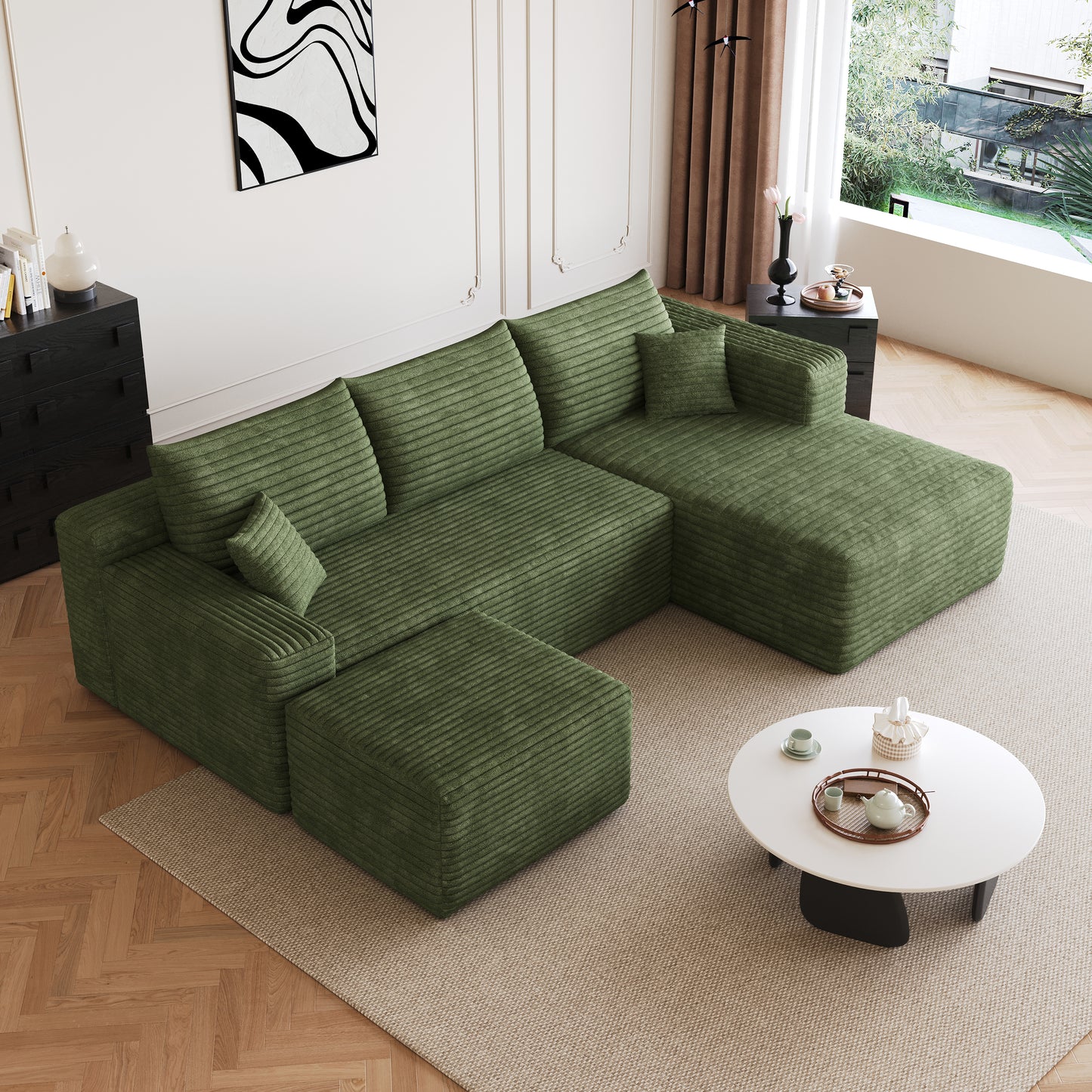 95" Cloud Sectional Sofa with 1 Ottoman,Modern Minimalist Upholstered Couches, Comfort U Shaped Sofa for Living Room,Deep Seat Corner Couch,No Assembly Required,Green((Plush Corduroy Fabric) image 5