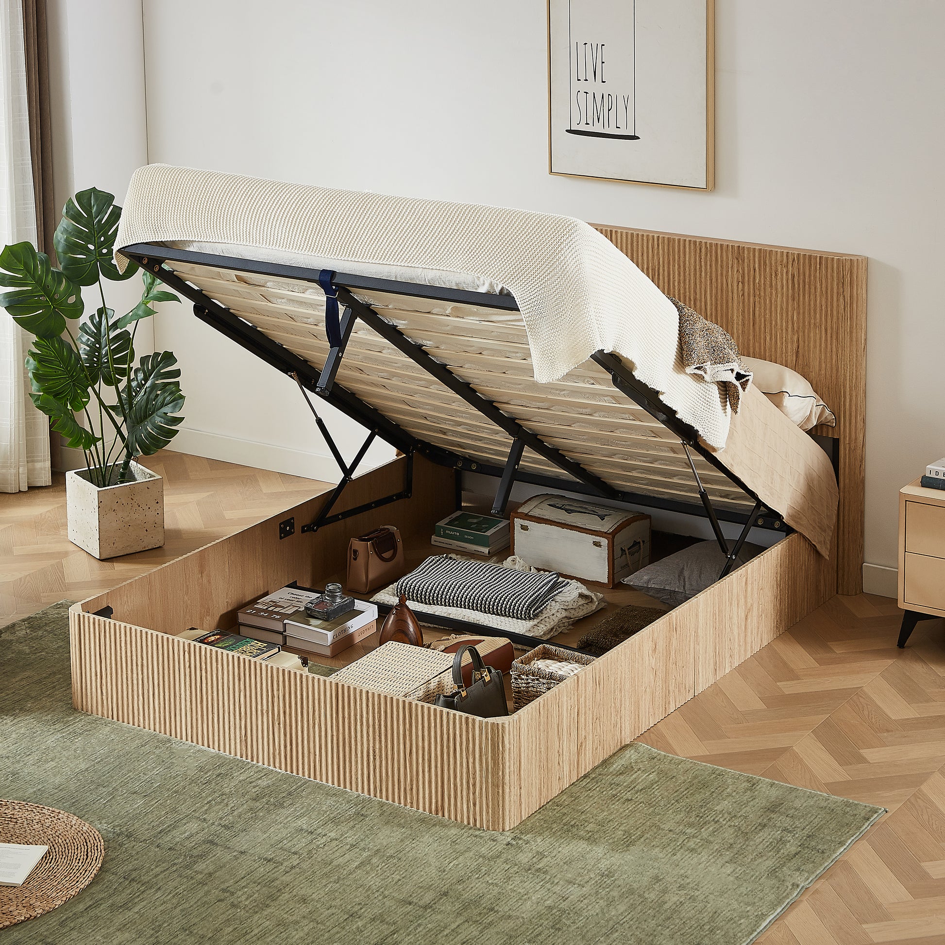 Queen Size Lift Up Storage Bed Frame, Wooden corrugated curved lines, Hydraulic Storage/No Box Spring Needed, Oak. image 3