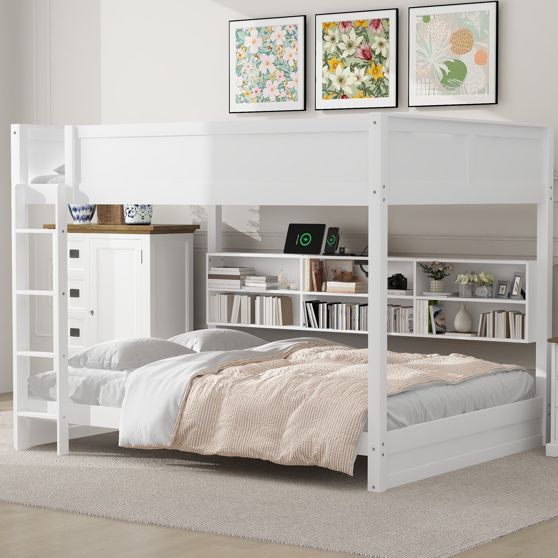 Queen over Queen Bunk Bed with Storage Cabinets and USB Ports, White image 1