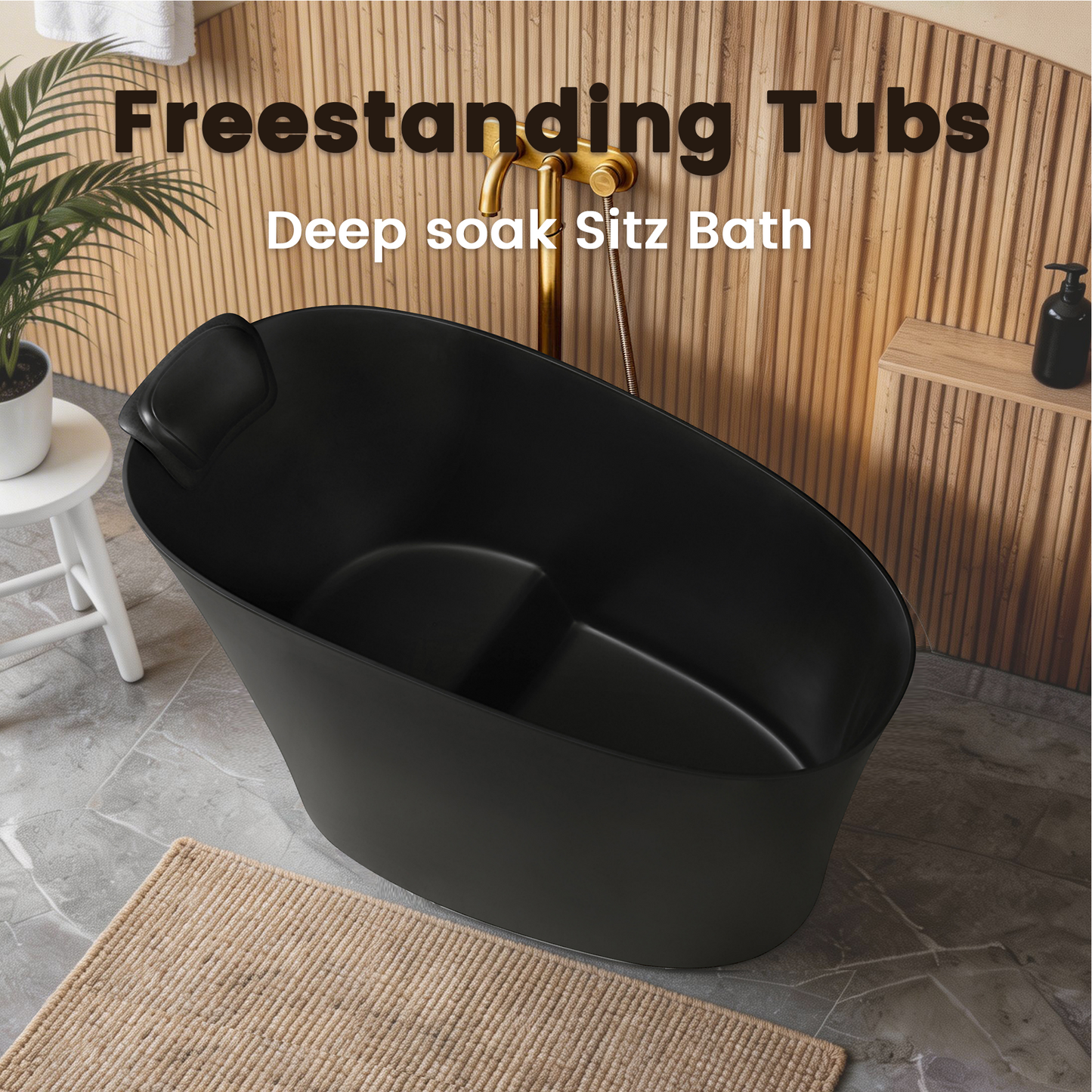 51" Solid Surface Oval Freestanding Black Bathtub with Overflow and Drain Assembly, with Integral Seat and headrest, LTL image 3