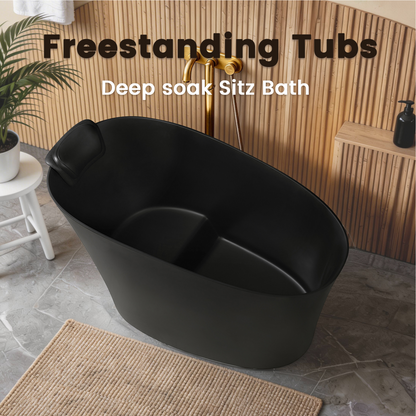 51" Solid Surface Oval Freestanding Black Bathtub with Overflow and Drain Assembly, with Integral Seat and headrest, LTL image 3