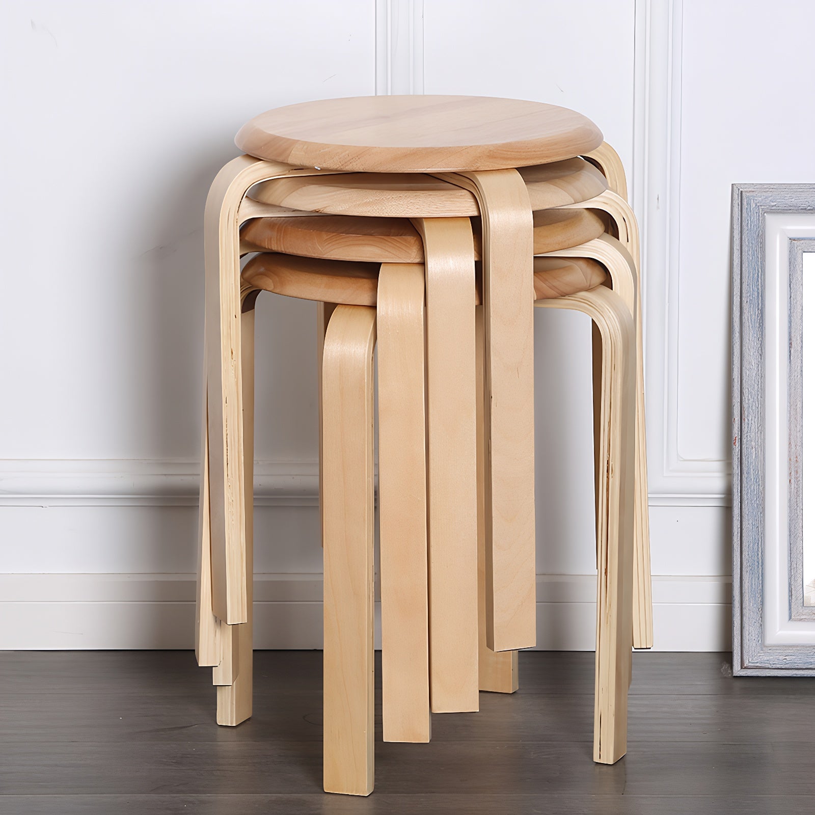 Stackable Bentwood Stool Set of 4, 18" Round Stacking Backless Nesting Stools, Anti-Slip Felt Pad,School Chairs, Suitable for classrooms, Dining Rooms, Kitchens, Natural image 7
