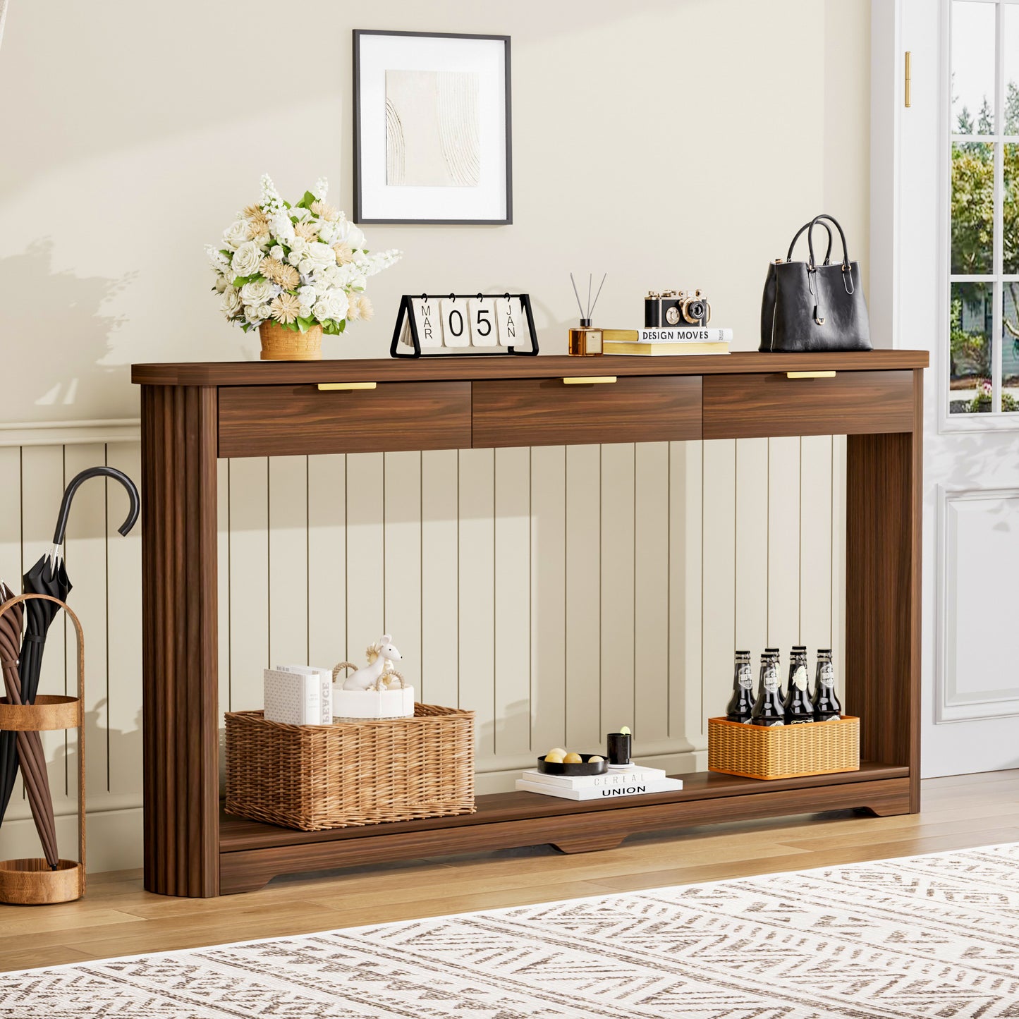 70.1" Wavy-Patterned Storage Table with Drawers; a slim wooden side table that can be placed behind a sofa, ideal for entryways, hallways, and doorways.Walnut.70.1"L*8.7"W*35.5"H image 2