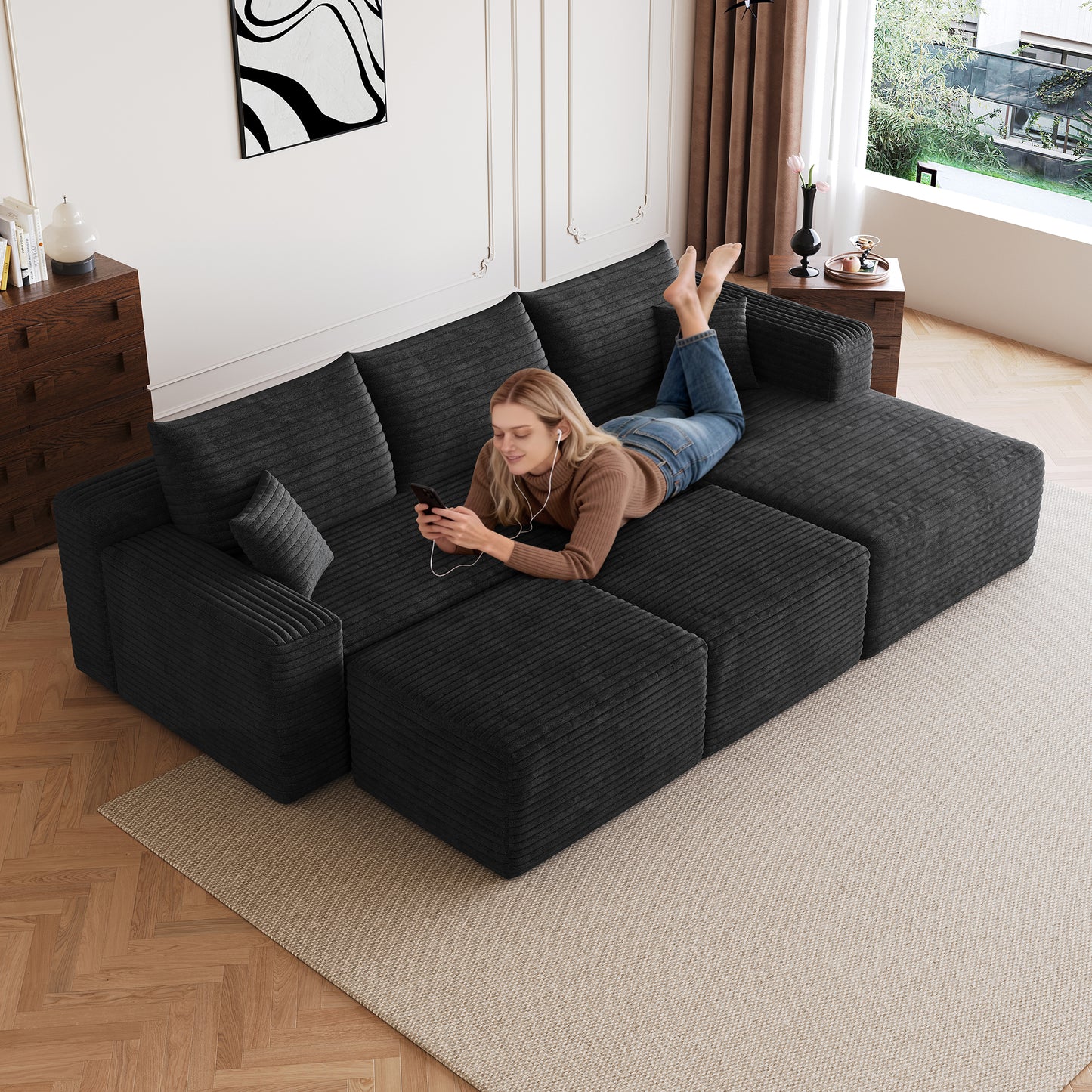 Modern minimalist U shaped sofa with ottomans black corduroy angle view