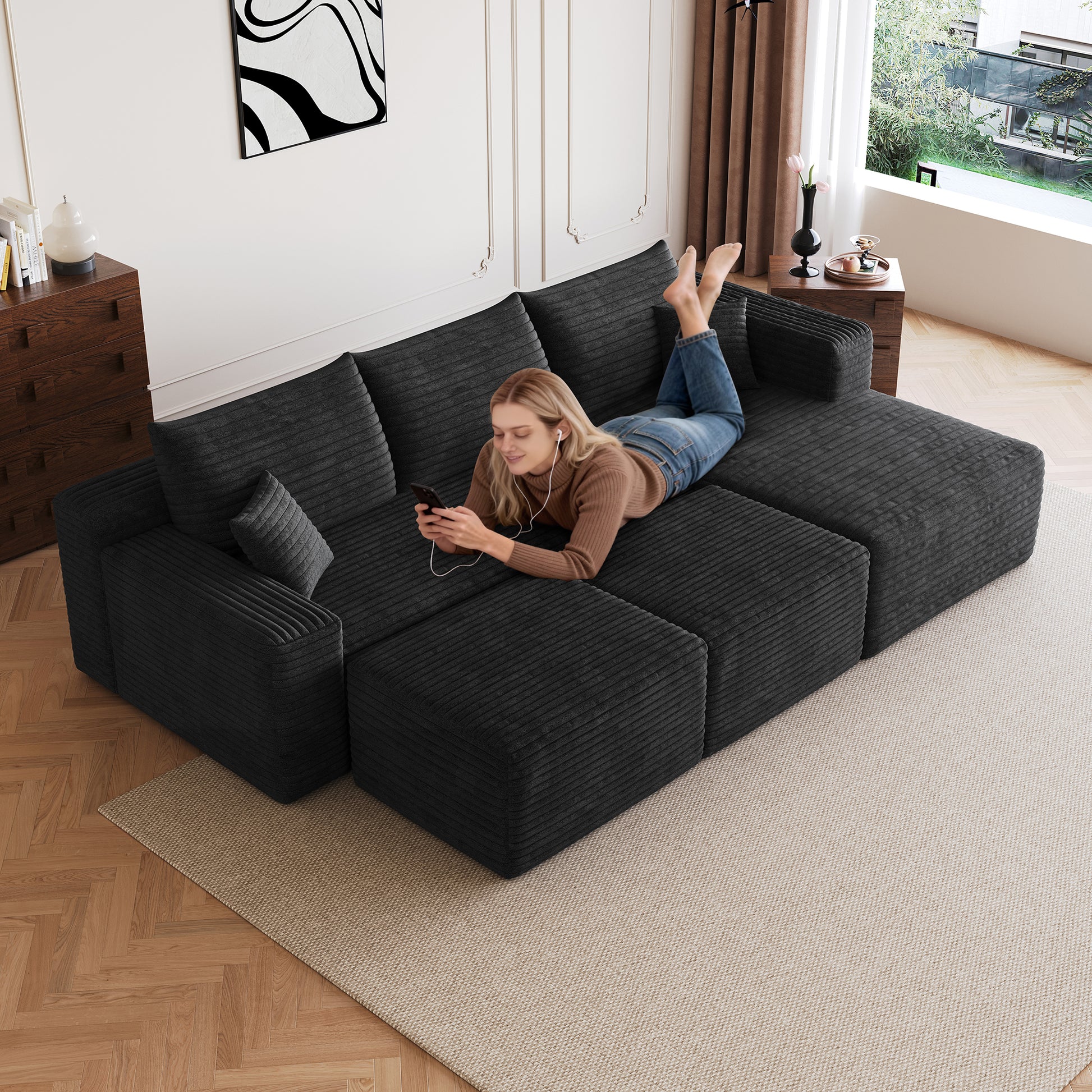 Modern minimalist U shaped sofa with ottomans black corduroy angle view