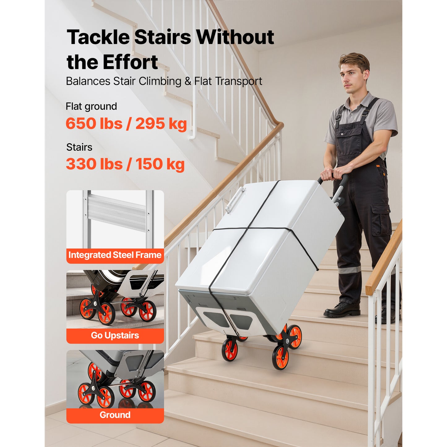 Stair Climbing Cart, 330 lbs Stair-Climb Capacity, Aluminum Alloy Folding Trolley Cart with Telescoping Handle, 6 Wheels and 2 Bungee Cords, Stair Climber Dolly for Home, Groceries, Warehouse image 2