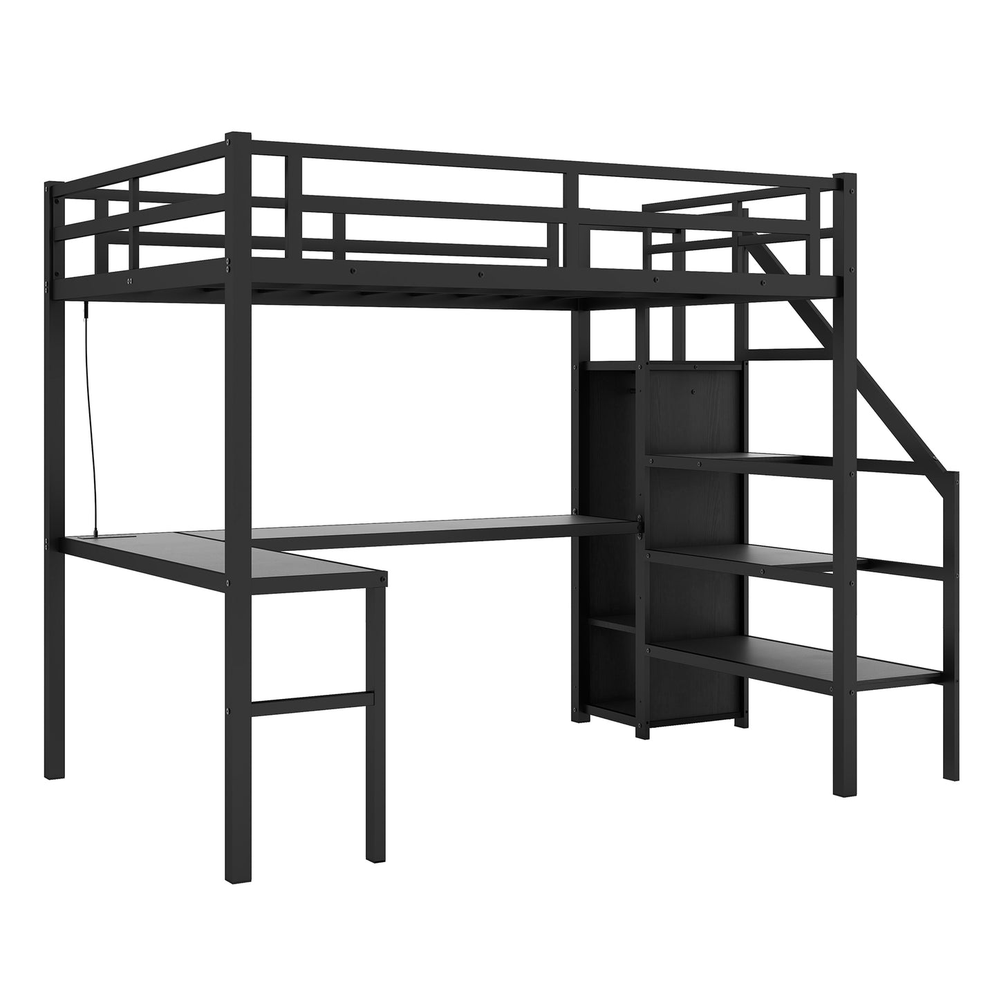 Twin XL Size Loft Bed with L-shaped Desk and USB, Metal Loft Bed with Wardrobe and Adjustable Shelf, High Loft Bed with LED for Kids Teens Adults, Black image 9