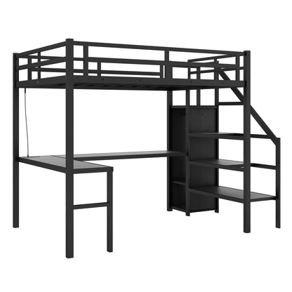 Twin XL Size Loft Bed with L-shaped Desk and USB, Metal Loft Bed with Wardrobe and Adjustable Shelf, High Loft Bed with LED for Kids Teens Adults, Black image 9