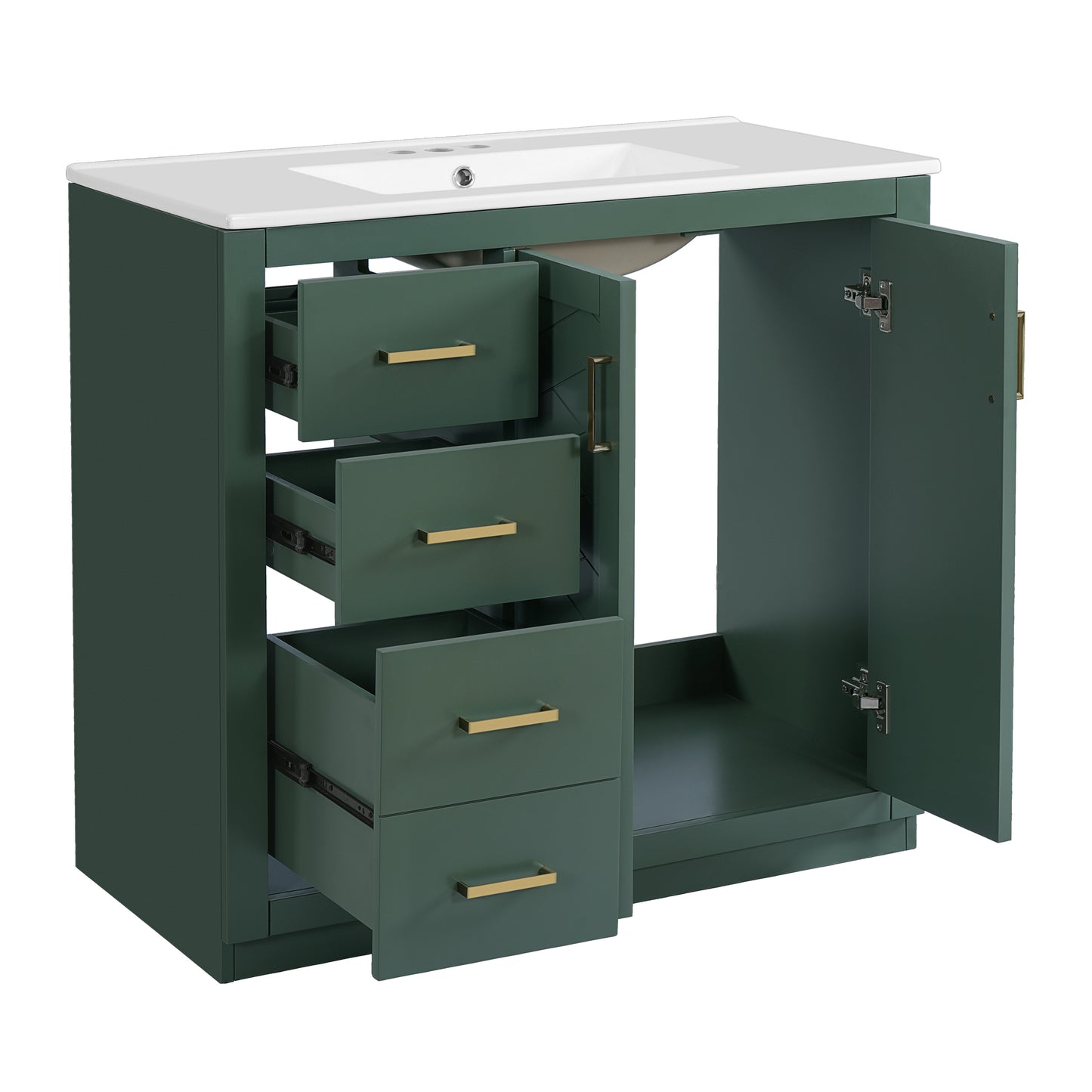 36'' Bathroom Vanity with Ceramic Sink Combo, Solid Wood Frame Bathroom Storage Cabinet, Freestanding Vanity Set with 3 Drawers& Soft Closing Doors image 11