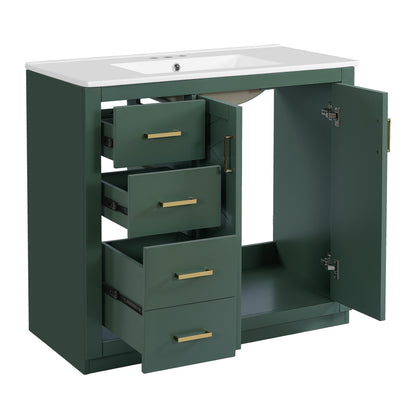 36'' Bathroom Vanity with Ceramic Sink Combo, Solid Wood Frame Bathroom Storage Cabinet, Freestanding Vanity Set with 3 Drawers& Soft Closing Doors image 11