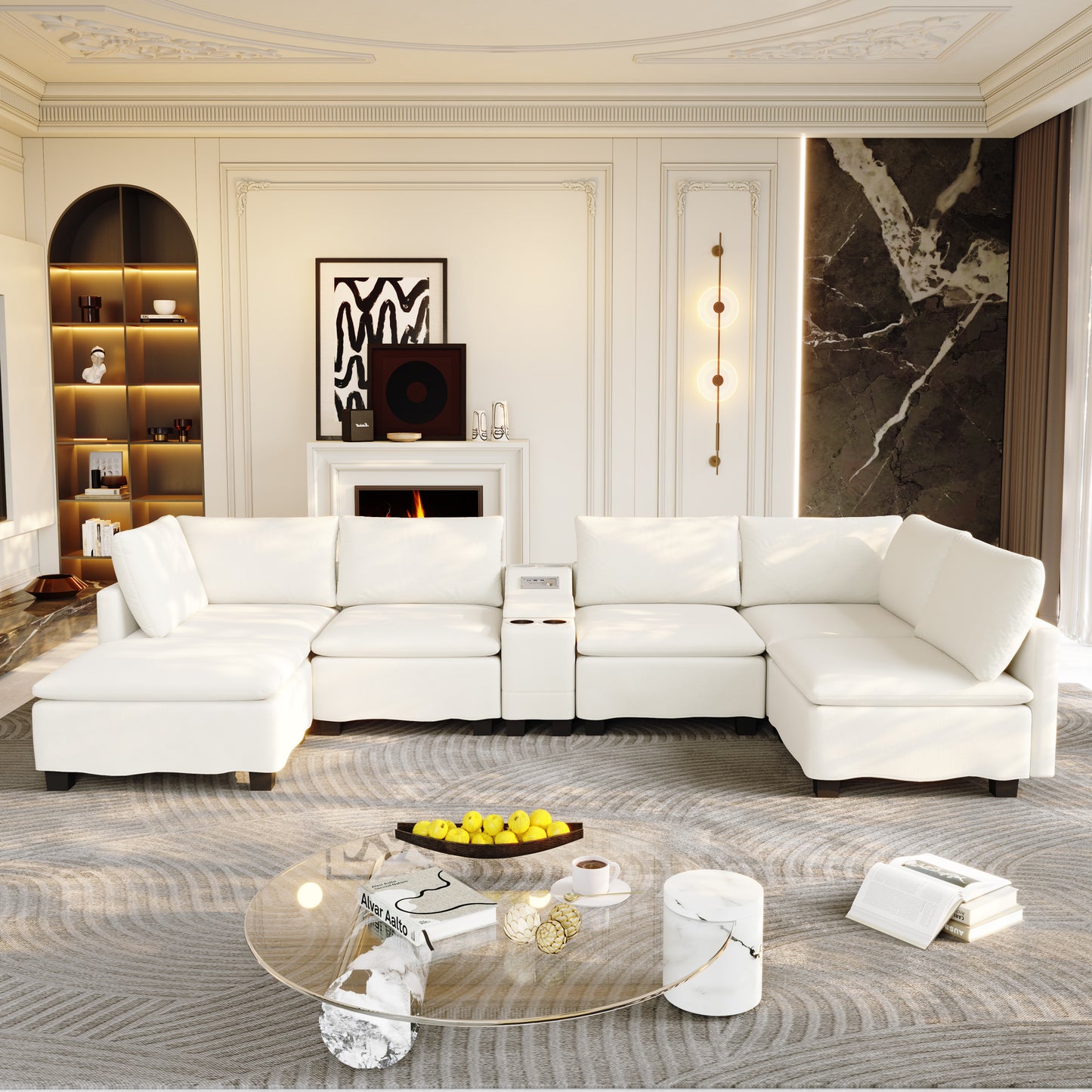 121.2" Modular U-Shaped Cloud Sectional Sofa with Movable Ottoman, Chenille Convertible Sofa Bed with Hidden Storage&USB Ports&Cup Holders&Bluetooth Speaker for Living Room, Apartments, Beige/White image 3