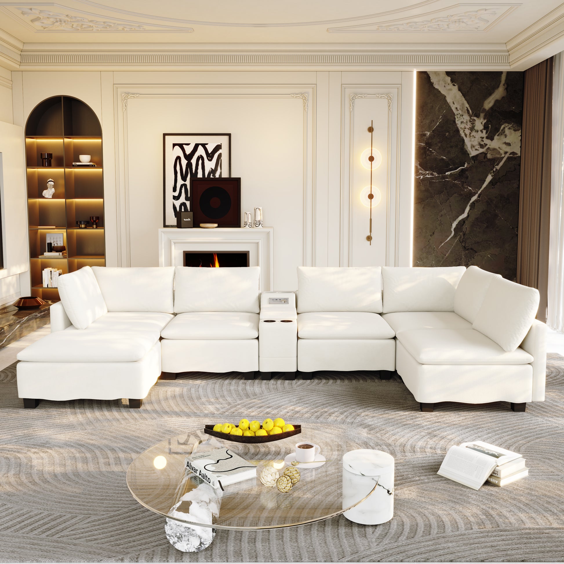 121.2" Modular U-Shaped Cloud Sectional Sofa with Movable Ottoman, Chenille Convertible Sofa Bed with Hidden Storage&USB Ports&Cup Holders&Bluetooth Speaker for Living Room, Apartments, Beige/White image 3