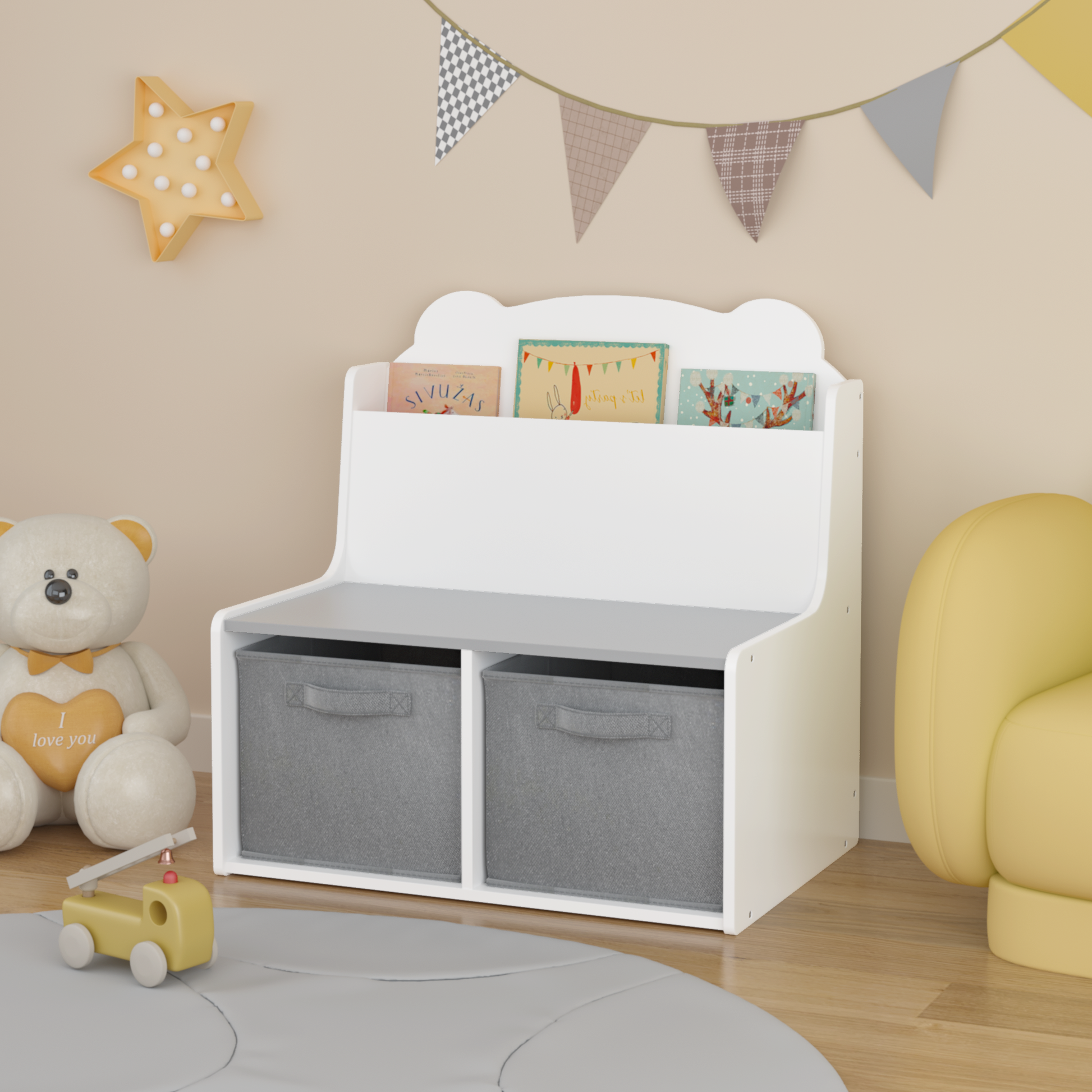 Kids Bookshelf with Storage Bins – Wooden Bookcase with Book Display Shelf and 2 Fabric Bins, Cute Bear-Shaped Backboard, Toy Organizer for Toddlers and Children, White and Gray image 11