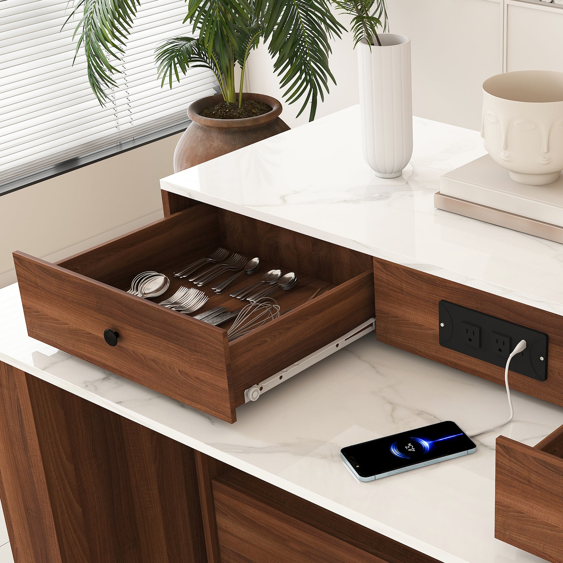 Kitchen Island with Extendable & Rotating Table, MDF with Walnut Veneer Retro Design, 4 Drawers & Glass Door Cabinets with Built-in Socket, Expandable Dining Station for 2-4 Person (Walnut) image 12