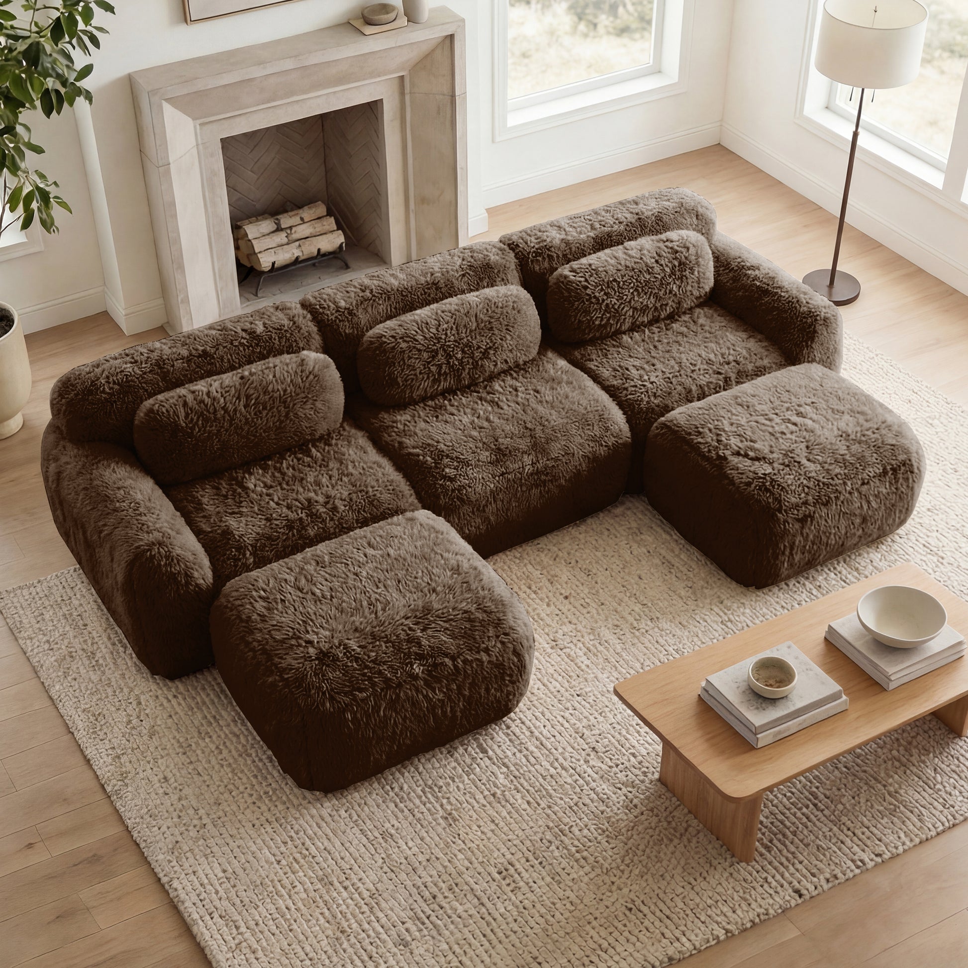 U-shaped Boneless Sofa 32D High Density Sponge Bottom Anti-Slip Design With Chaise Free Combination Full-compression Vacuum Packaging Deep Seat Design For Bedroom,Study,And Home Theater, Chocolate image 2