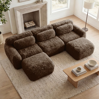U-shaped Boneless Sofa 32D High Density Sponge Bottom Anti-Slip Design With Chaise Free Combination Full-compression Vacuum Packaging Deep Seat Design For Bedroom,Study,And Home Theater, Chocolate image 2