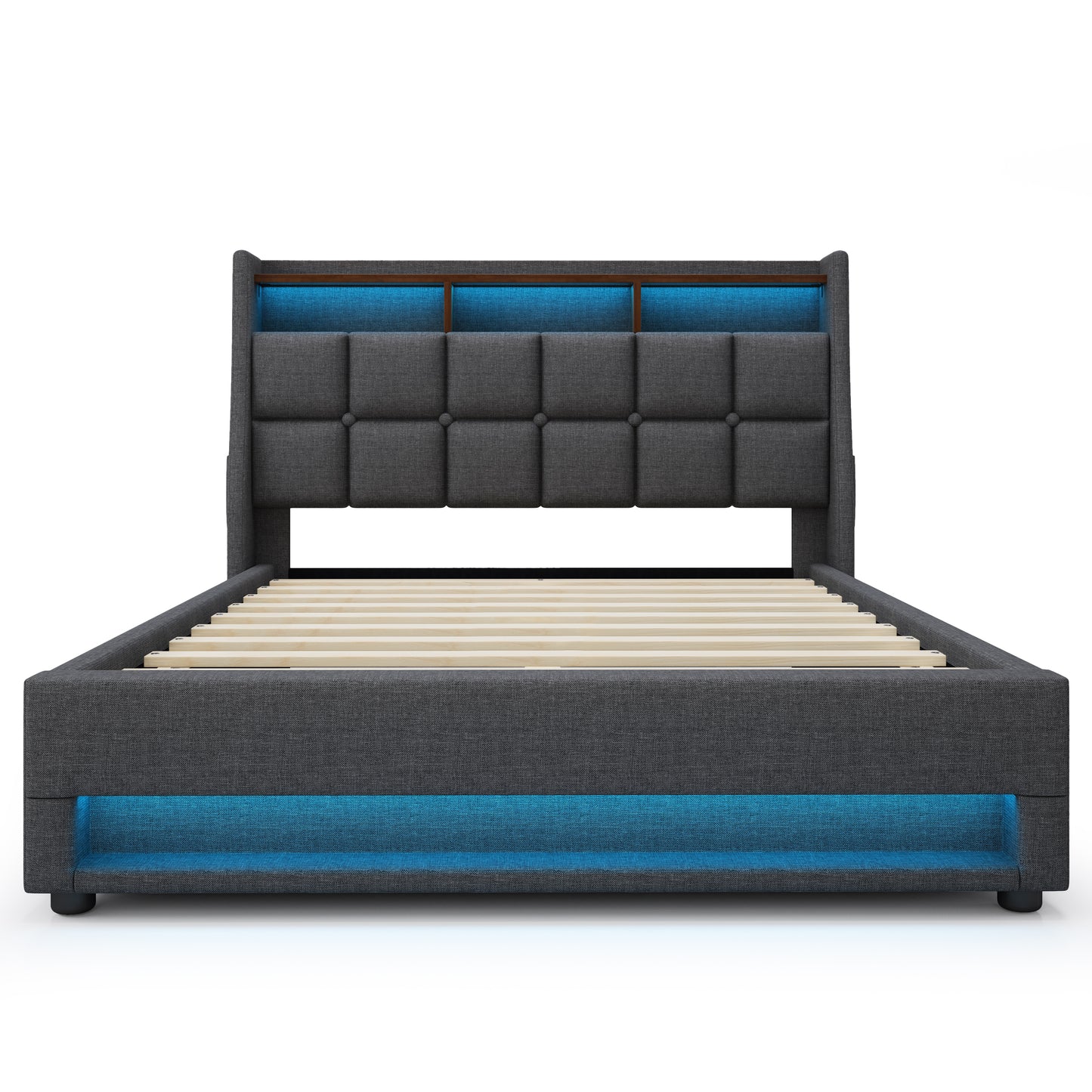 (=AA20690910G) Queen size Upholstered Platform bed with a Hydraulic Storage System, LED and Charging Station, No Box Spring Needed, Easy Assembly, Noise-Free, Grey (without mattress) image 6