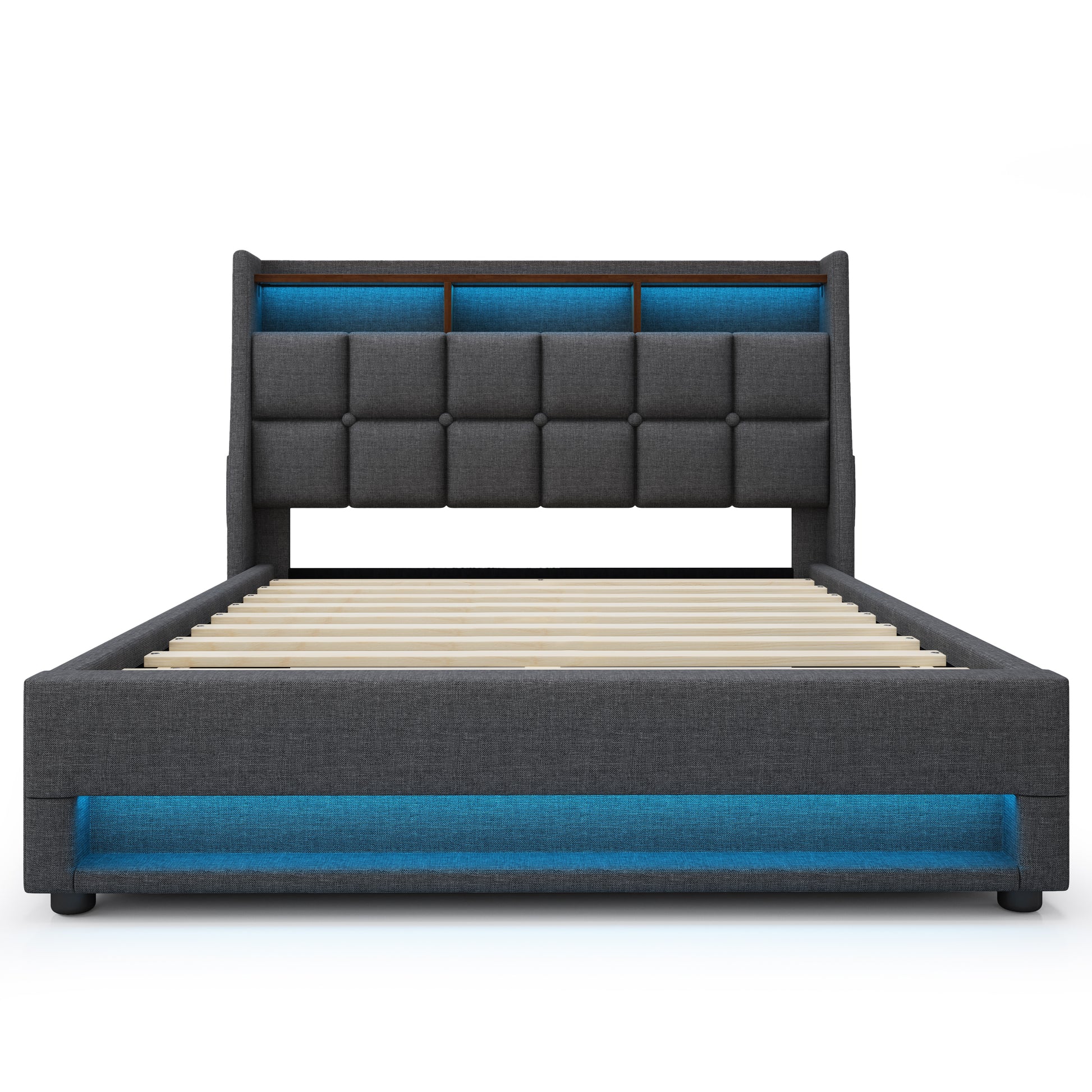 (=AA20690910G) Queen size Upholstered Platform bed with a Hydraulic Storage System, LED and Charging Station, No Box Spring Needed, Easy Assembly, Noise-Free, Grey (without mattress) image 6