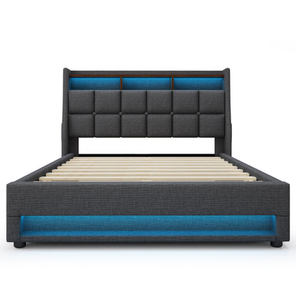 (=AA20690910G) Queen size Upholstered Platform bed with a Hydraulic Storage System, LED and Charging Station, No Box Spring Needed, Easy Assembly, Noise-Free, Grey (without mattress) image 6
