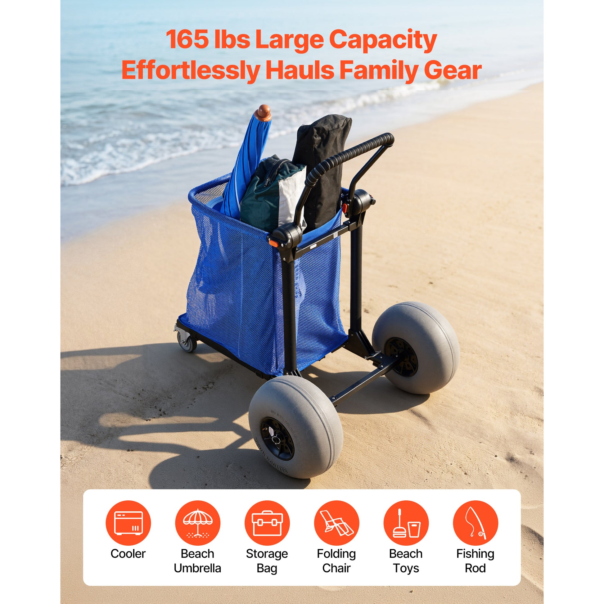 Beach Cart with Large Wheels for Sand, 165 lbs Load Capacity, Heavy Duty Folding Beach Wagon with 12" Balloon Wheels, Storage Bag, 180° Adjustable Handlebar, Dolly for Camping Fishing Garden image 6