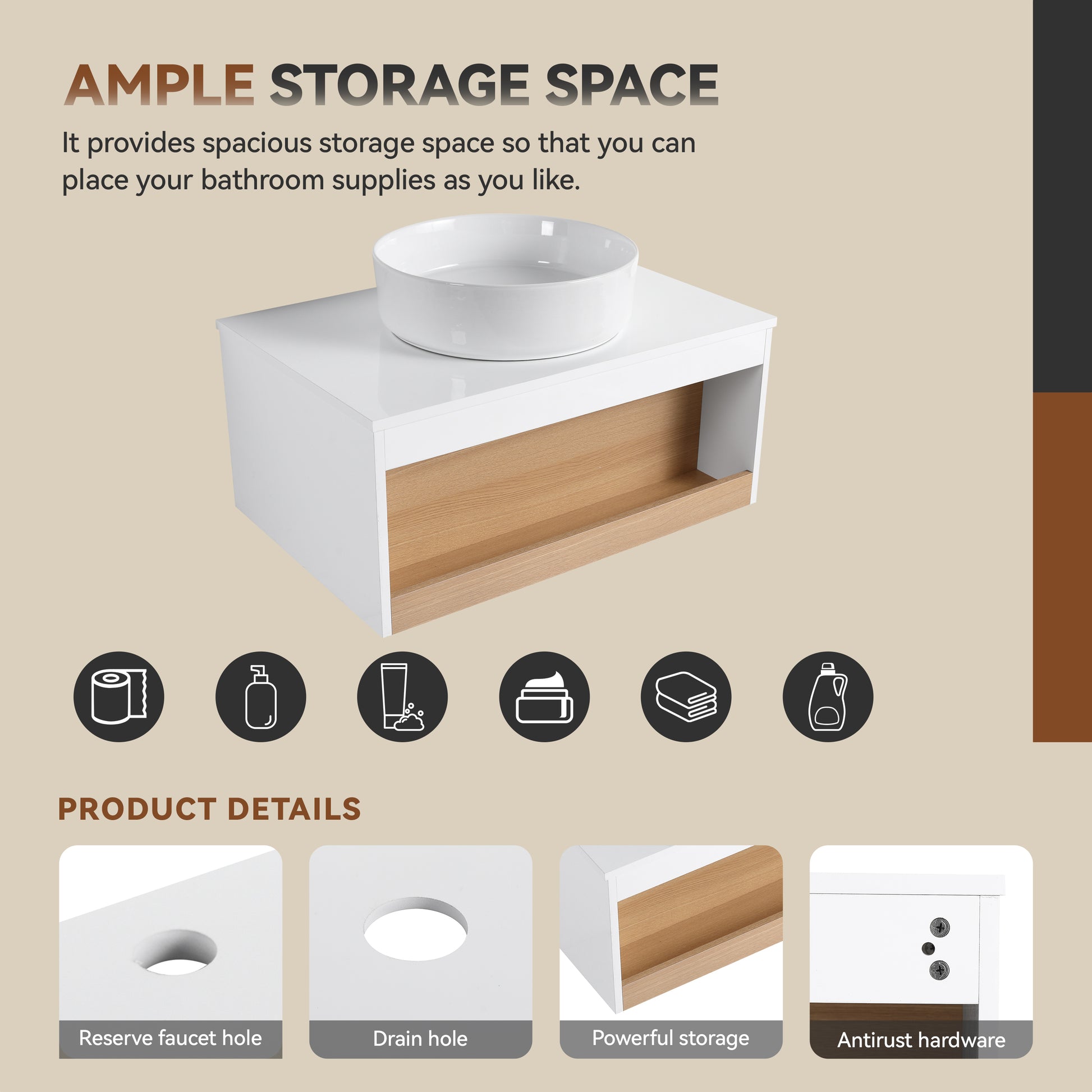 30" Floating Bathroom Vanity with Glossy White Round Vessel Sink, Wall-Mounted Vanity with Open Shelf Storage, White Finish with Durable Countertop, Space-Saving Modern Design (Ships in 2 Boxes) image 7