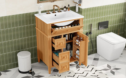 24" Bathroom Vanity with Sink, Wood Vanity Cabinet with Flip-Out Drawer, 2 Soft-Close Drawers, 1 Soft-Close Door, Solid Wood & MDF, Elegant Wood Handles image 5