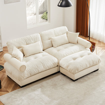 Over Size Modern Two-seater Sofa with Ottoman, Velvet 2-Seater with Round Bolster Armrests,With Waist Pillow and Throw Pillows,Small L Shape Sofa For Living Room, Reading Room, Loft and Bedroom,Cream image 1
