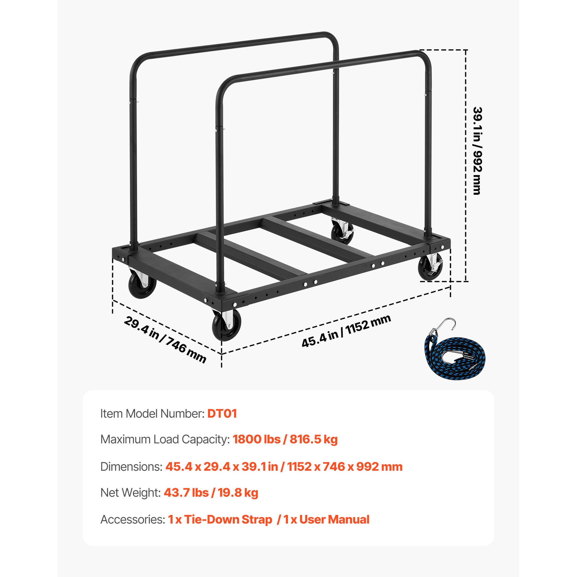 Drywall Cart Dolly, 1800 lbs Load Capacity, Steel Panel Truck Cart with 5 inch Swivel Casters, Lumber Drywall Dolly with Tie-Down Strap & 2 Side Handrails for Factory, Warehouse, Garage, Black image 9