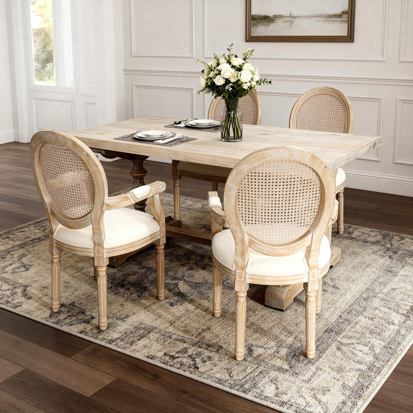 French Vintage Upholstered Fabric Dining Armchair, Set of 2, Beige image 3