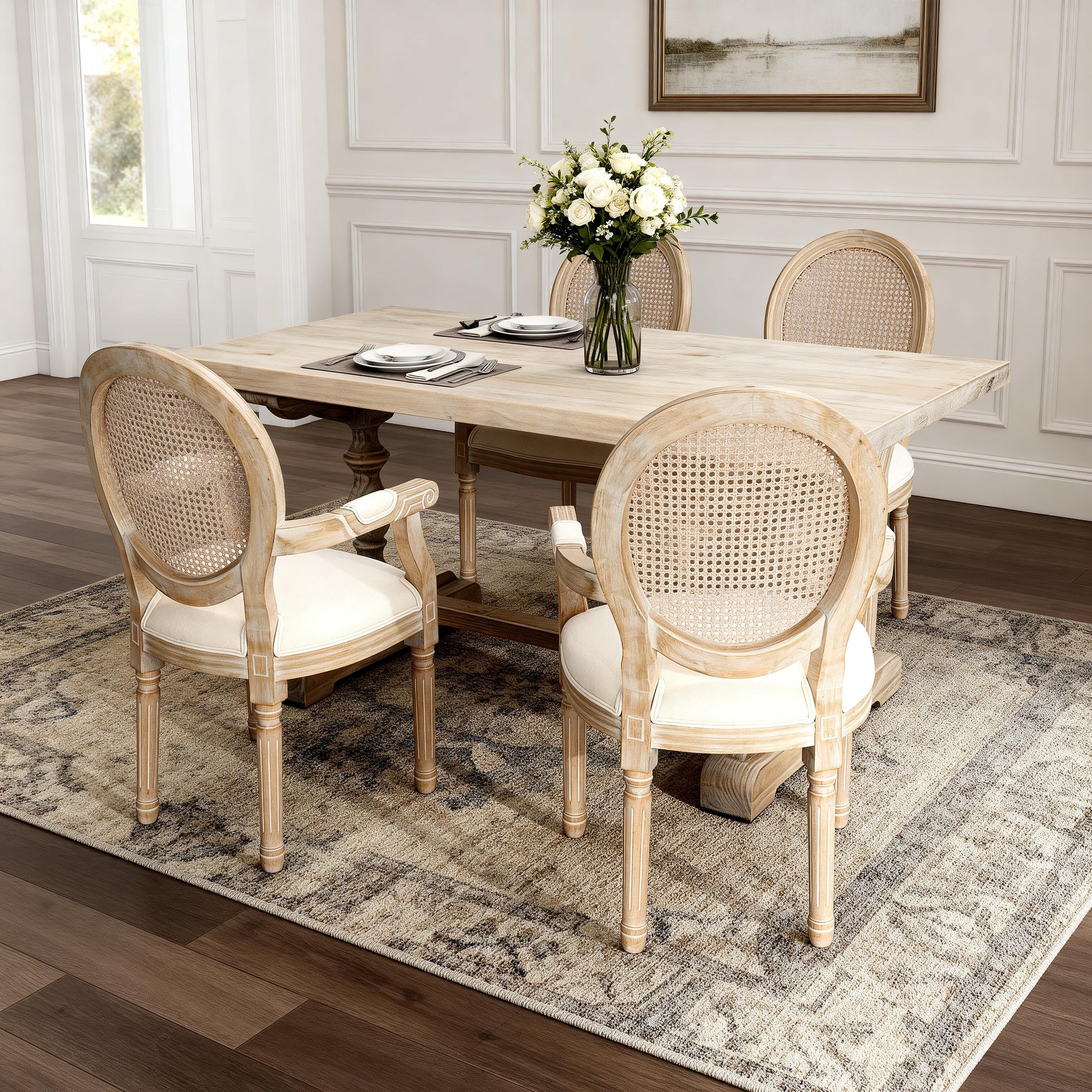 French Vintage Upholstered Fabric Dining Armchair, Set of 2, Beige image 3