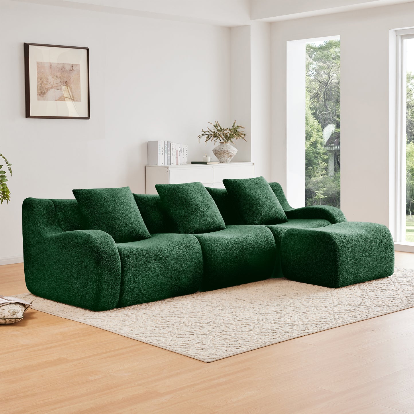 Boneless Sofa,3 Seat High-Quality Teddy Fabric,Anti-Slip Design,No Assembly Curved Armrests Streamlined Design,Assembly Chaise 32D High Density Sponge For Living Rooms Bedrooms,Green image 1