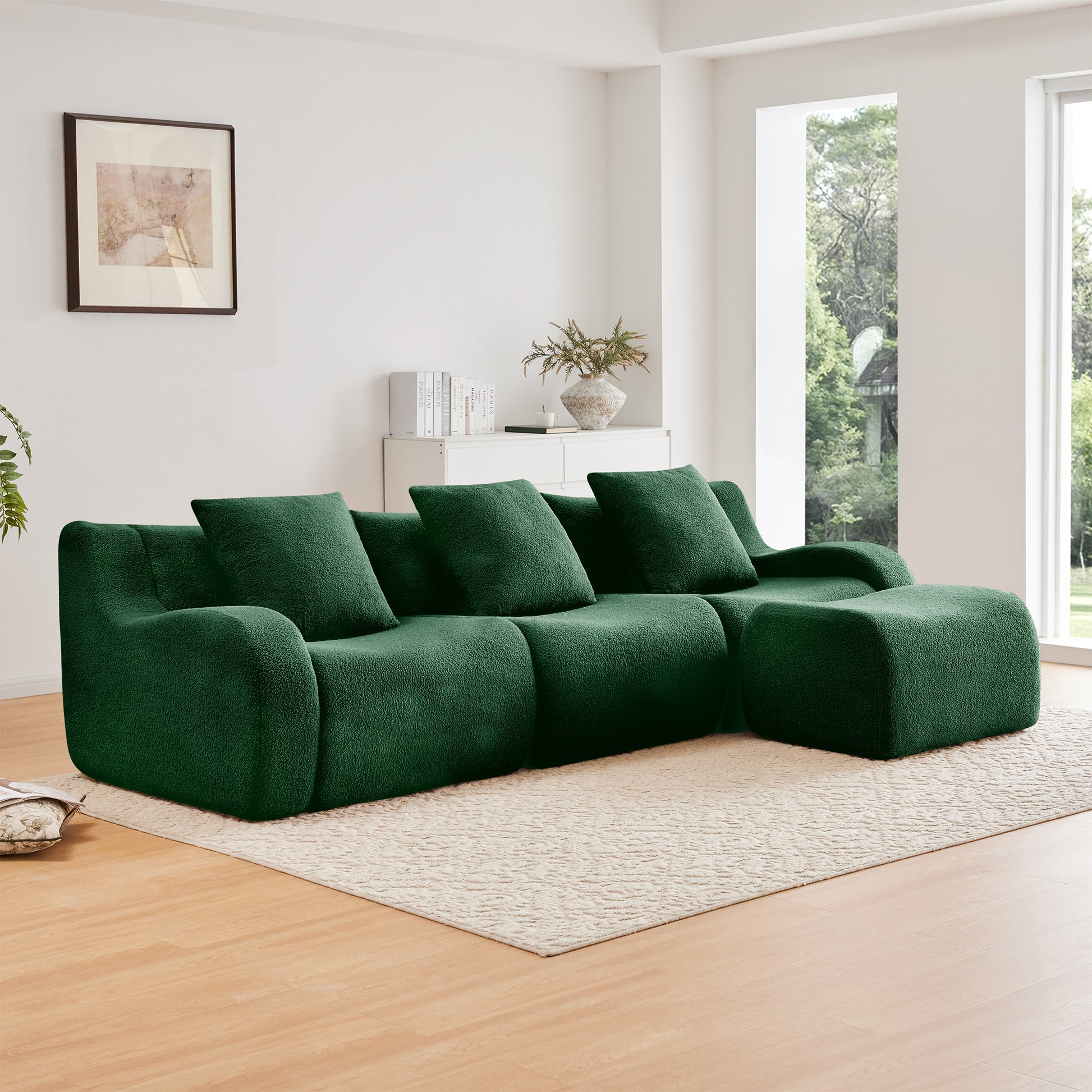 Boneless Sofa,3 Seat High-Quality Teddy Fabric,Anti-Slip Design,No Assembly Curved Armrests Streamlined Design,Assembly Chaise 32D High Density Sponge For Living Rooms Bedrooms,Green image 1