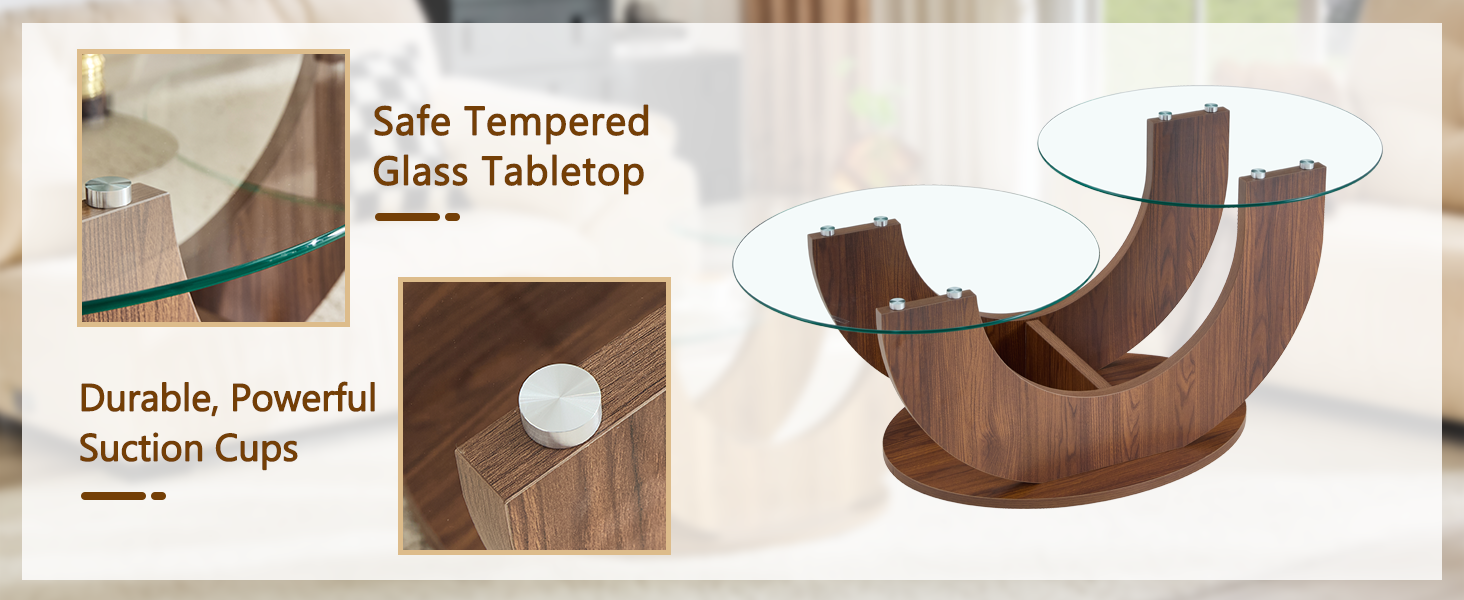 Creative U-Shaped Double-Tier Glass Coffee Table with Walnut MDF Base - wood grain finish alternative