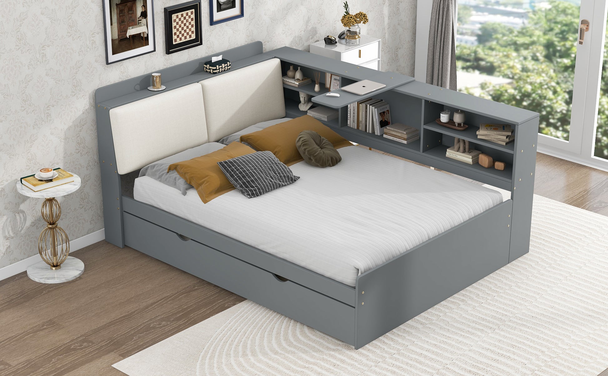 Wood Full Size platform bed with Trundle, Shelves and Storage Headboard, Gray image 9