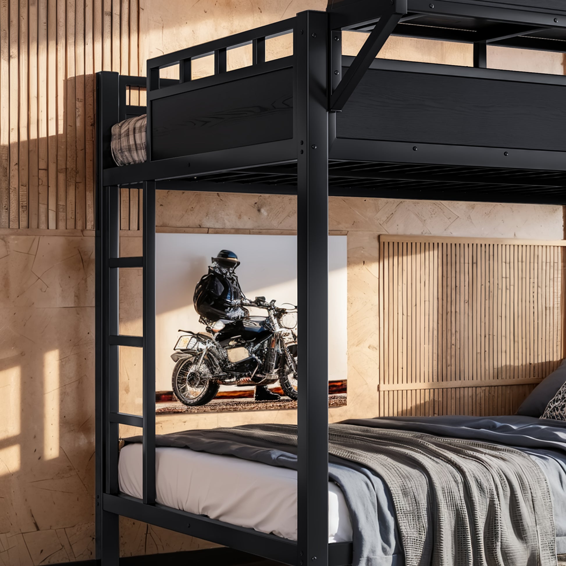 Full over Full Size Metal Bunk Bed with Storage Shelves and Pegboard, Bunk Bed Frame with USB Ports and LED Lights, Space-Saving, for Teens and Adults, Black image 7
