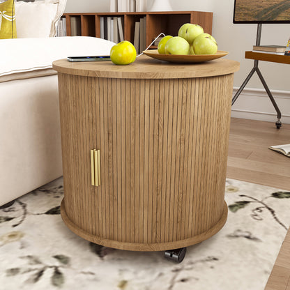 Set of2 Mid Century Modern Cylinder End Table with Built-in Charging Station & Sliding Door, 2-Tier Storage Round Nightstand with USB Ports, Osk Bedside Table for Living Room, Bedroom, Entryway image 9