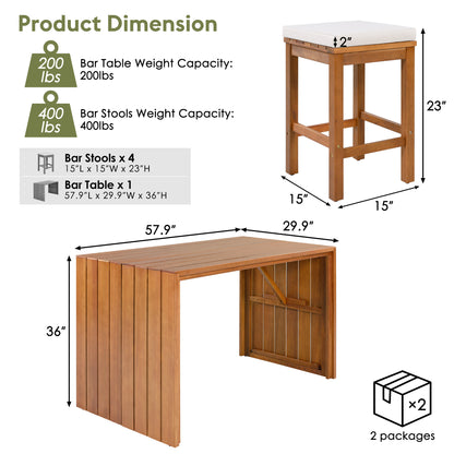 5 Piece Outdoor Bar Set, Patio Acacia Wood Bar Height Table & Four Stools with Cushions, Wood Dining Bar Set for Backyard, Poolside, Balcony, Beige Cushion and Natural Wood image 7