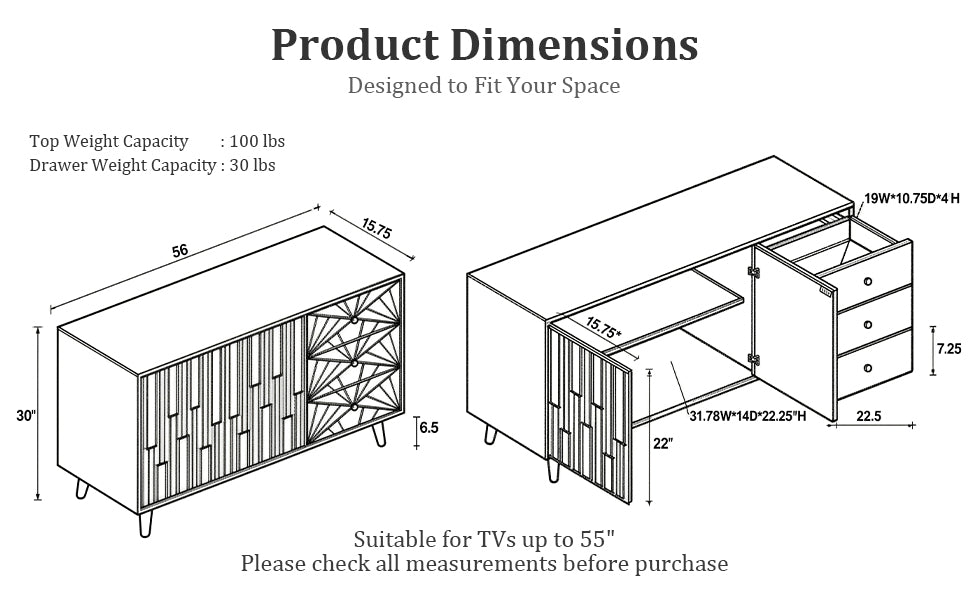 56" Mid Century Modern TV Stand with Storage, Entertainment Center with 3 Drawers and 2 Doors, Wooden Sideboard Buffet Cabinet for Living Room, Dining Room & Entryway, Walnut Brown image 3