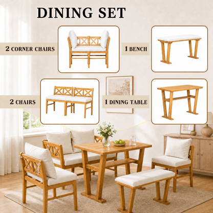 Small Farmhouse Solid Wood Kitchen Nook Dining Room Breakfast Nook Table Set for 6, Space Saving High Top Corner Dining Table with Bench and Chairs (6 Piece) image 6