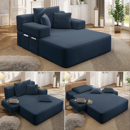 Luxurious Plush Corduroy Chaise Lounge with 3 Pillows, Convertible Sofa Bed with Storage Pocket, Frameless Design & Compression Foam for Small Spaces, Living Room, Apartment,Blue image 1